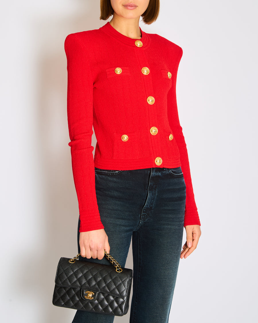 Balmain Red Ribbed Knit Cardigan with Structured Shoulders and Signature Gold Coin Button Detail Size FR 40 (UK 12)