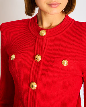 Balmain Red Ribbed Knit Cardigan with Structured Shoulders and Signature Gold Coin Button Detail Size FR 40 (UK 12)