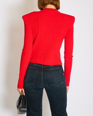 Balmain Red Ribbed Knit Cardigan with Structured Shoulders and Signature Gold Coin Button Detail Size FR 40 (UK 12)