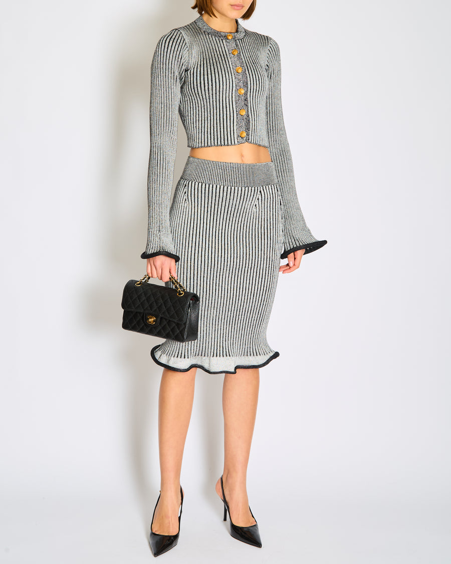Louis Vuitton Grey Knitted Trumpet Cardigan Jacket with Matching Skirt Set Size XS (UK 6)