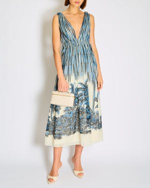 Christian Dior Blue, White Printed Palms Sleeveless Maxi Dress Size FR 34 (UK 6)