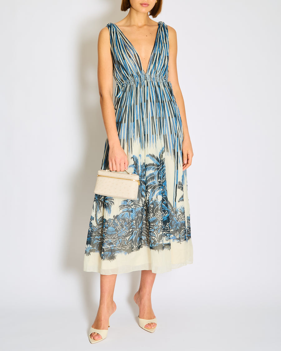 Christian Dior Blue, White Printed Palms Sleeveless Maxi Dress Size FR 34 (UK 6)