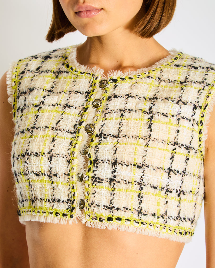 Chanel 24/FW White, Black and Lime Knitted Tweed Vest Top with Silver CC Button Detail Size FR 38 (UK 10)