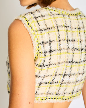 Chanel 24/FW White, Black and Lime Knitted Tweed Vest Top with Silver CC Button Detail Size FR 38 (UK 10)