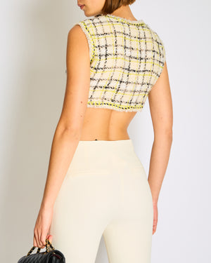 Chanel 24/FW White, Black and Lime Knitted Tweed Vest Top with Silver CC Button Detail Size FR 38 (UK 10)