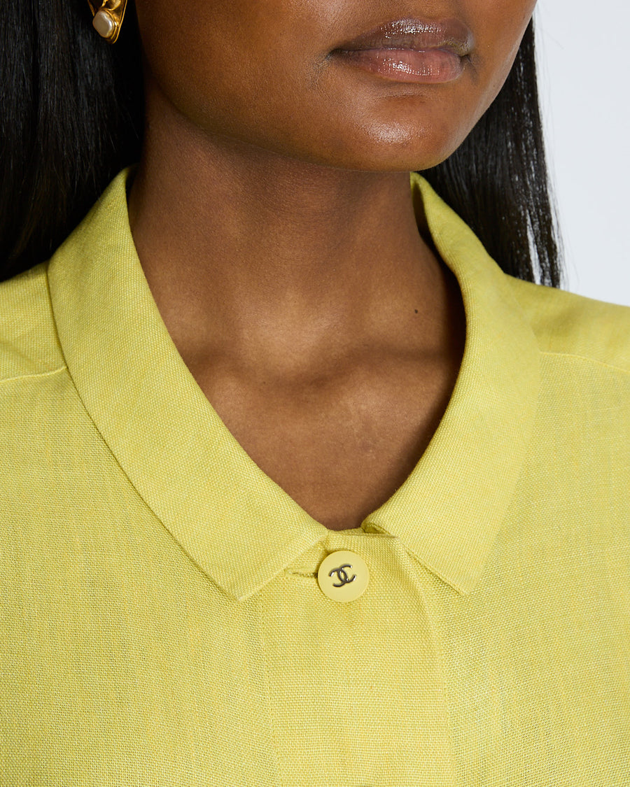 Chanel 96/P Lime Linen Shirt with CC Button Detail and Pockets Size FR 36 (UK 8)