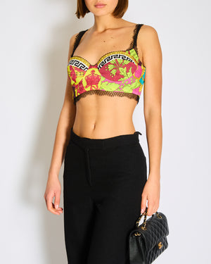 Versace Black Yellow Pink and Red Lace Crop Top Size IT 44 (UK 12)