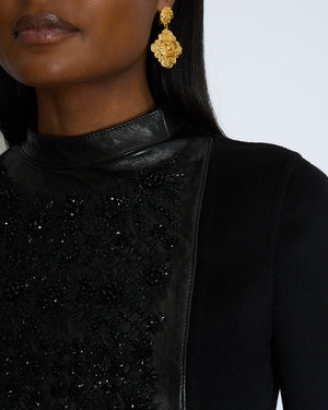 Valentino Black Wool Embellished Coat with Lambskin Leather Details Size IT 40 (UK 8)