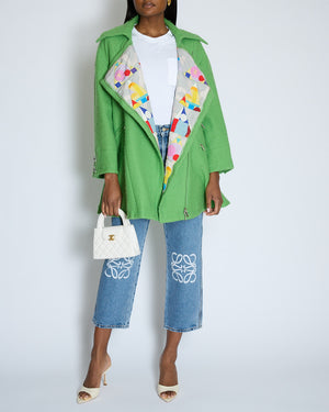 Chanel AW/14 Green Wool Tweed Coat with Pocket Details and Silver Embellished Logo Buttons Size FR 36 (UK 8)