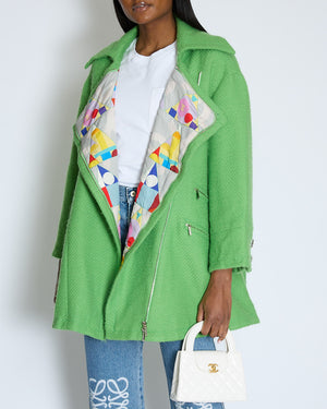 Chanel AW/14 Green Wool Tweed Coat with Pocket Details and Silver Embellished Logo Buttons Size FR 36 (UK 8)