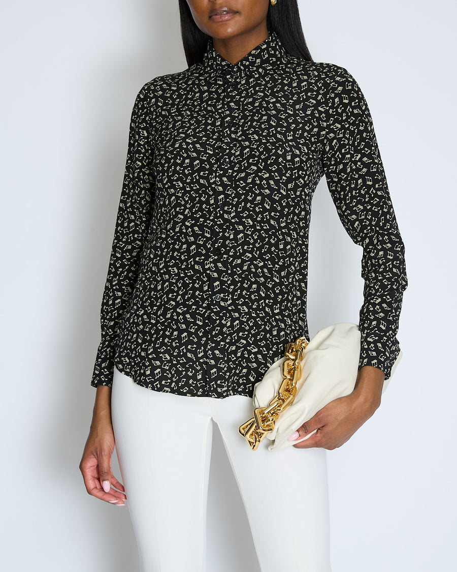 Saint Laurent Black Music Note Print Silk Shirt Size FR 36 (UK 8)