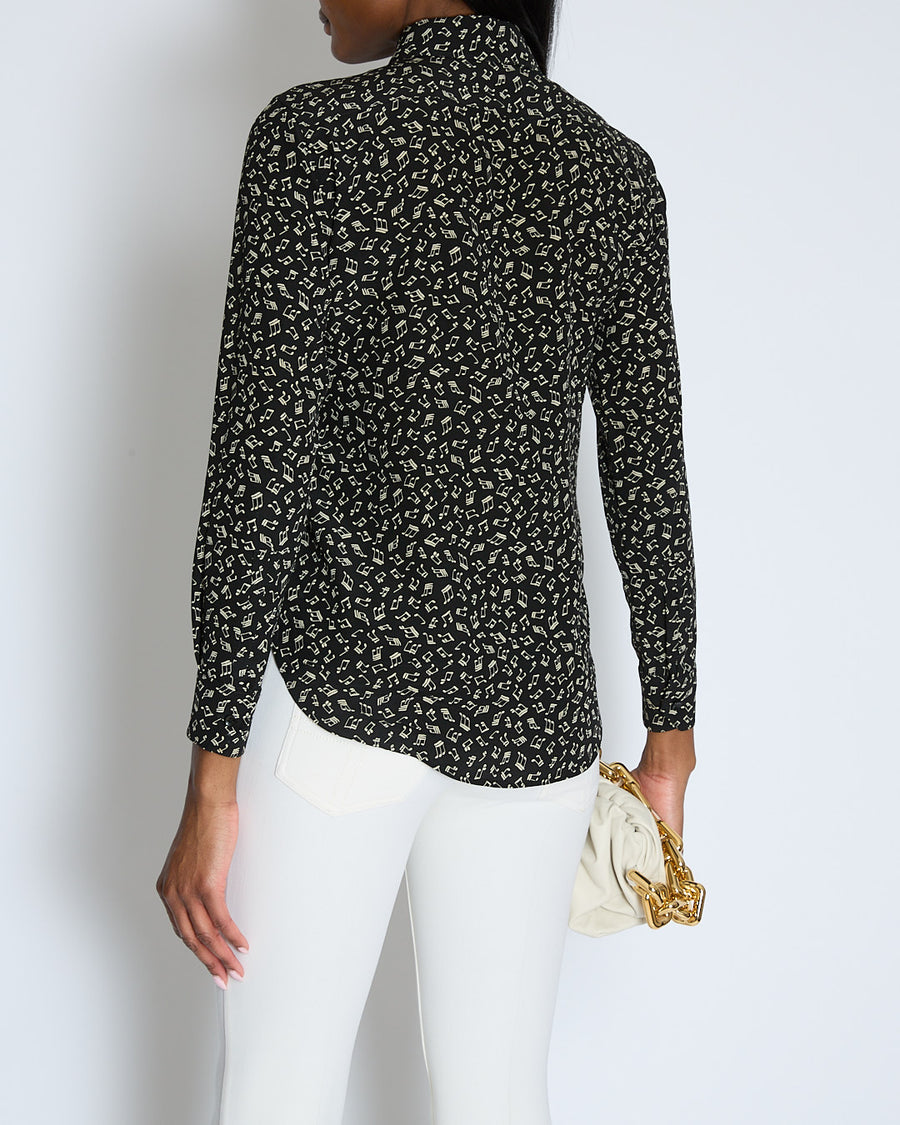 Saint Laurent Black Music Note Print Silk Shirt Size FR 36 (UK 8)