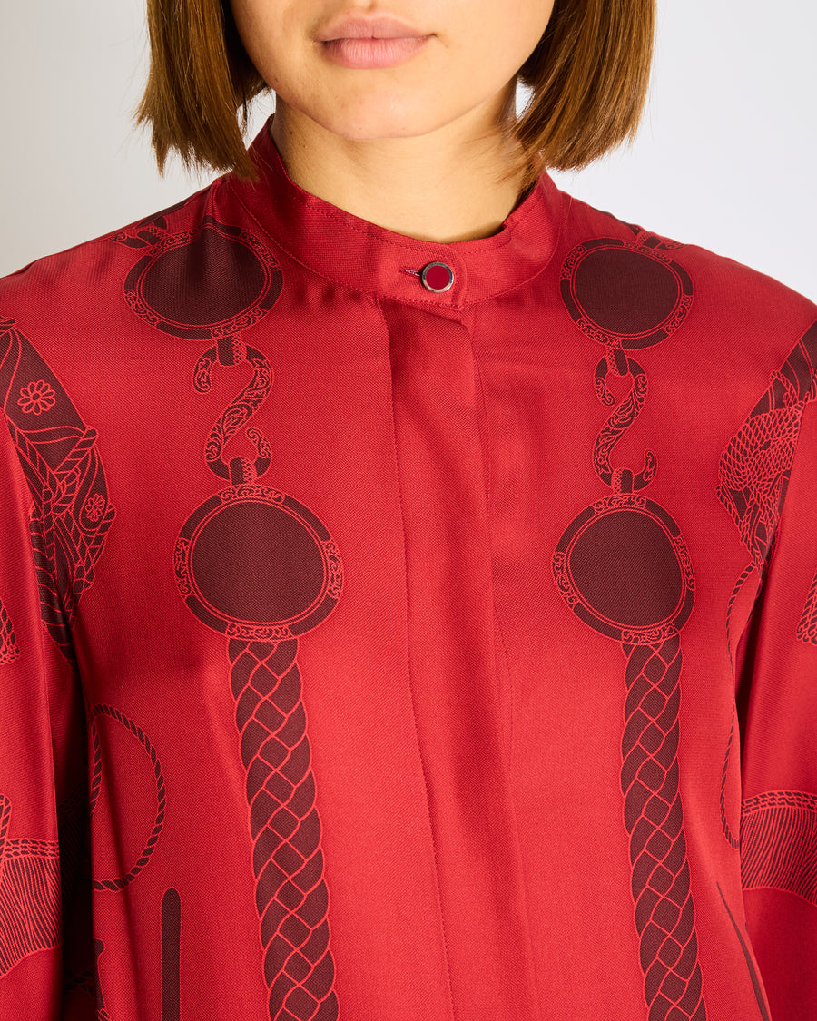Hermès Red Silk Collarless Midi Dress with Mosaic Print Detail Size FR 34 (UK 6
