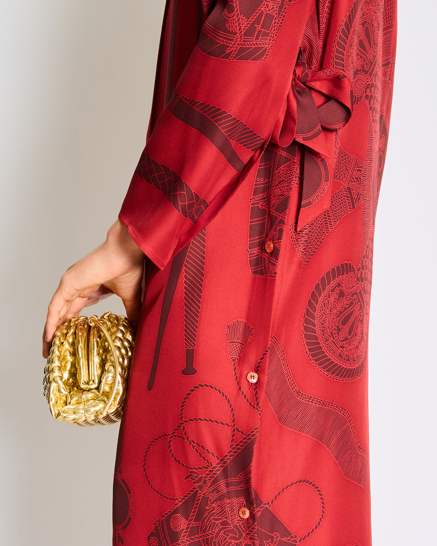 Hermès Red Silk Collarless Midi Dress with Mosaic Print Detail Size FR 34 (UK 6