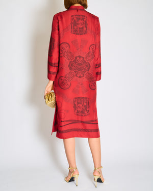 Hermès Red Silk Collarless Midi Dress with Mosaic Print Detail Size FR 34 (UK 6