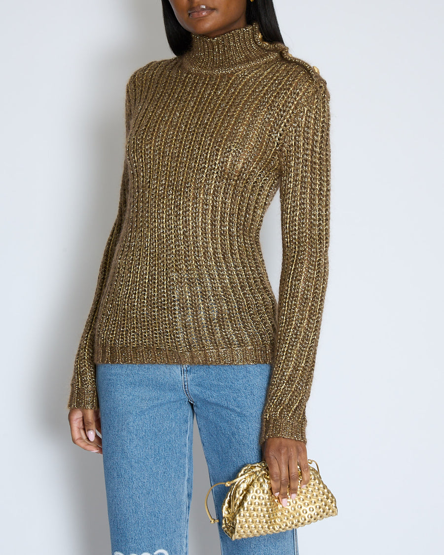 Balmain Gold High Neck Knitted Jumper with Lion Button Detail Size FR 36 (UK 8)