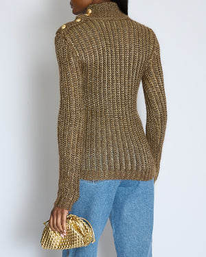 Balmain Gold High Neck Knitted Jumper with Lion Button Detail Size FR 36 (UK 8)