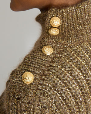 Balmain Gold High Neck Knitted Jumper with Lion Button Detail Size FR 36 (UK 8)