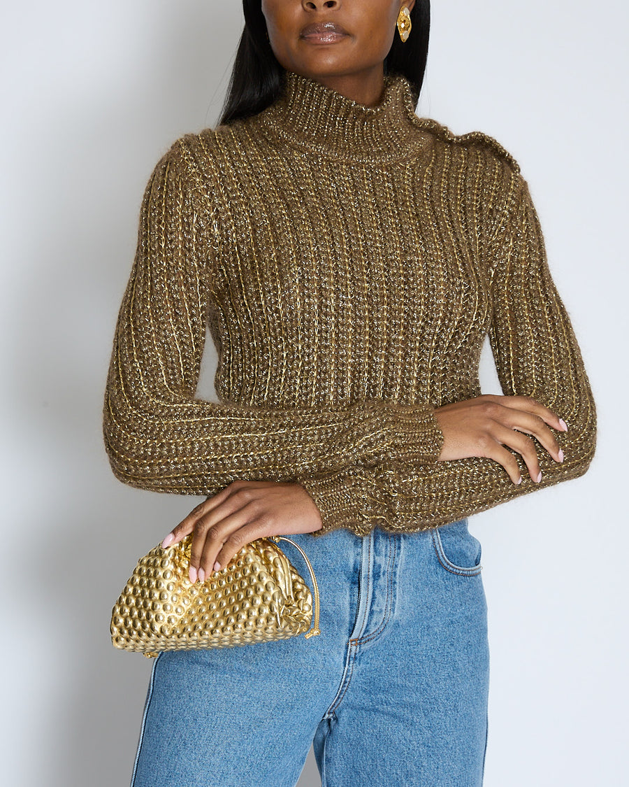 Balmain Gold High Neck Knitted Jumper with Lion Button Detail Size FR 36 (UK 8)