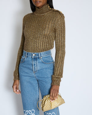 Balmain Gold High Neck Knitted Jumper with Lion Button Detail Size FR 36 (UK 8)