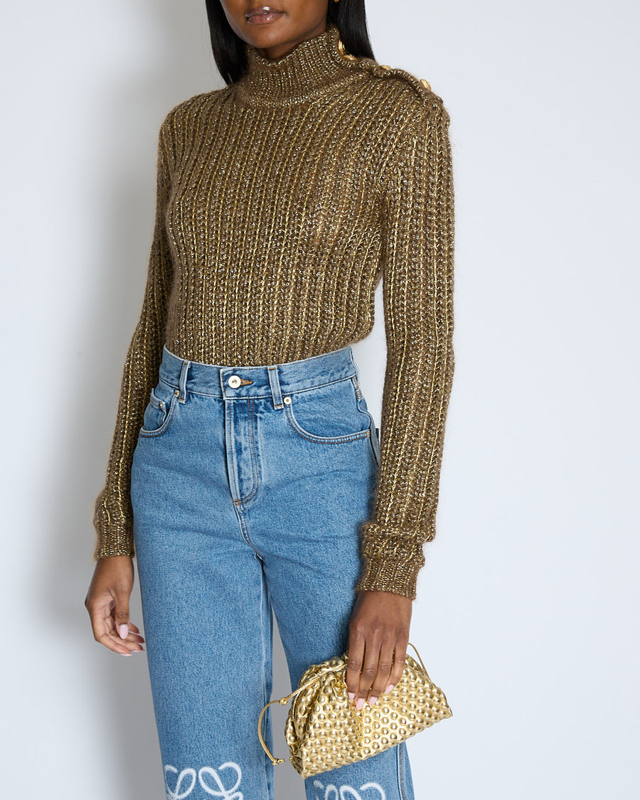 Balmain Gold High Neck Knitted Jumper with Lion Button Detail Size FR 36 (UK 8)