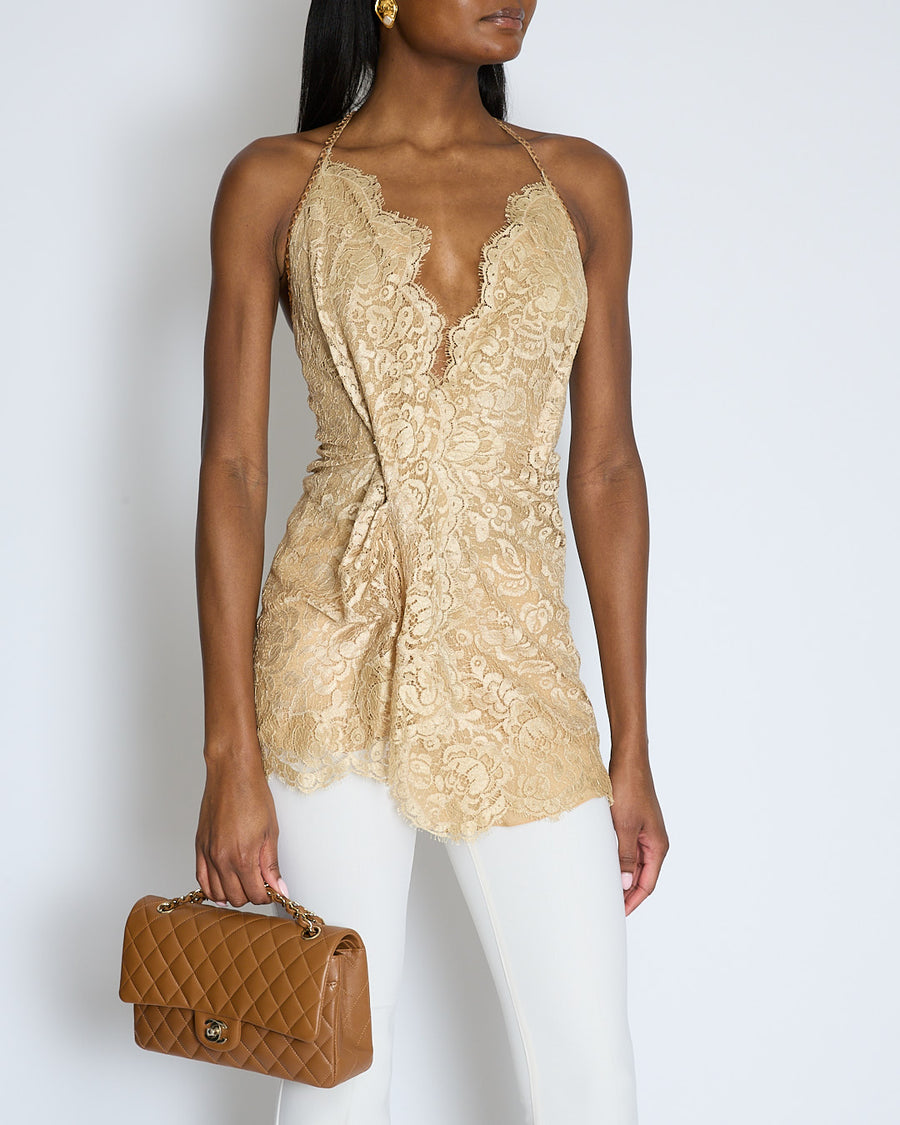 Dolce & Gabbana Gold Lace Top with Python Trim Detail Size IT 40 (UK 8)