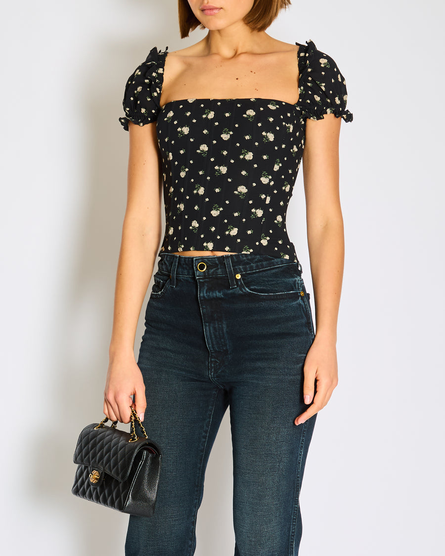 Dolce & Gabbana Black Floral Corseted Top with Ruched Detail Size IT 38 (UK 6)