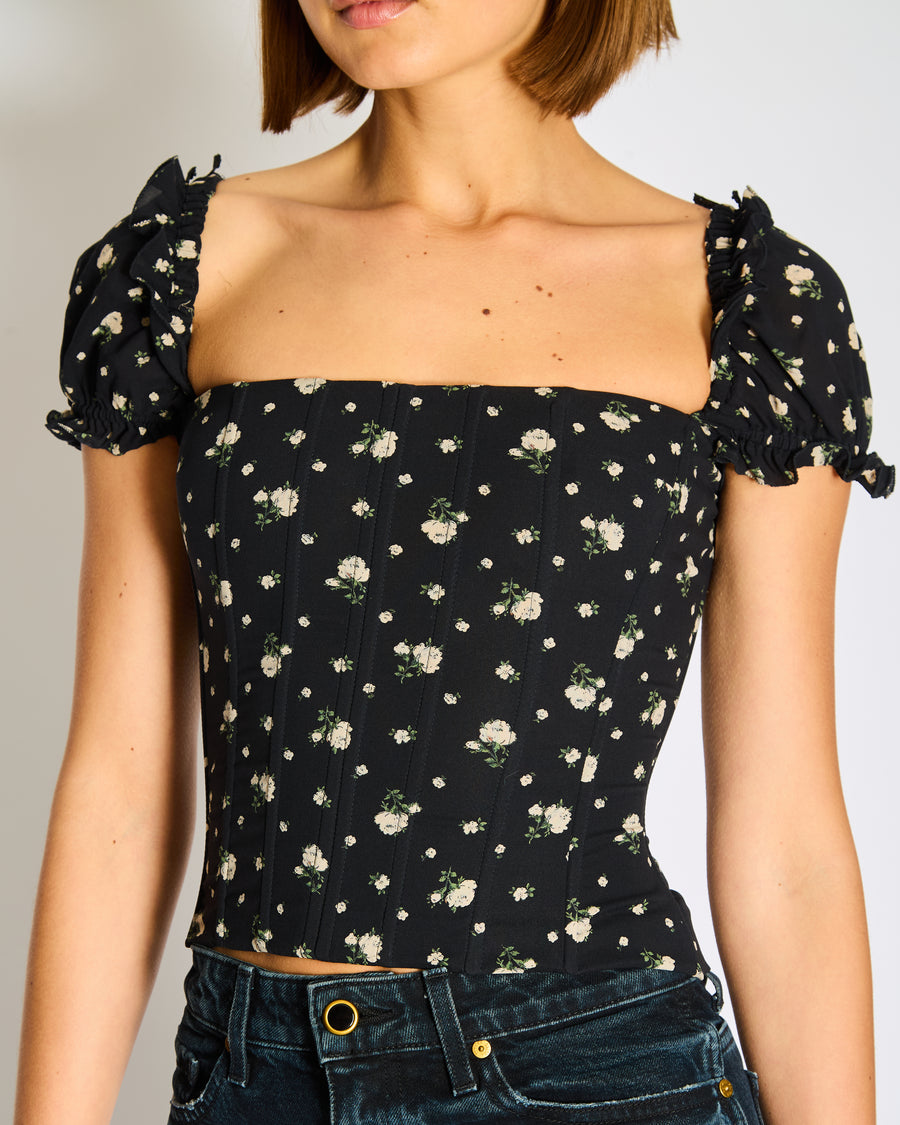 Dolce & Gabbana Black Floral Corseted Top with Ruched Detail Size IT 38 (UK 6)