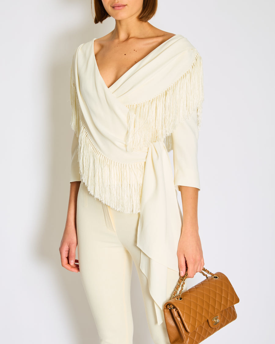 Christian Dior by John Galiano White Fringe Tassel V-Neck Top Size FR 36 (UK 8)