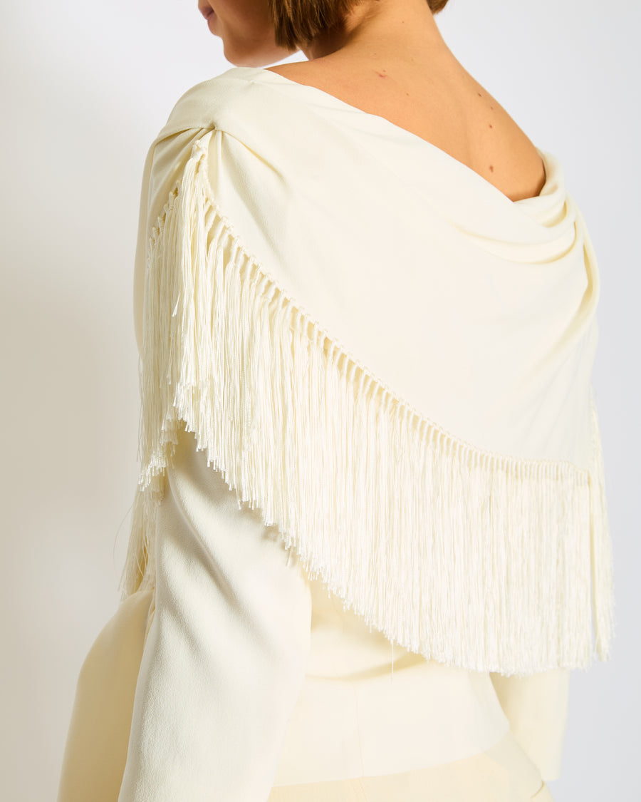 Christian Dior by John Galiano White Fringe Tassel V-Neck Top Size FR 36 (UK 8)