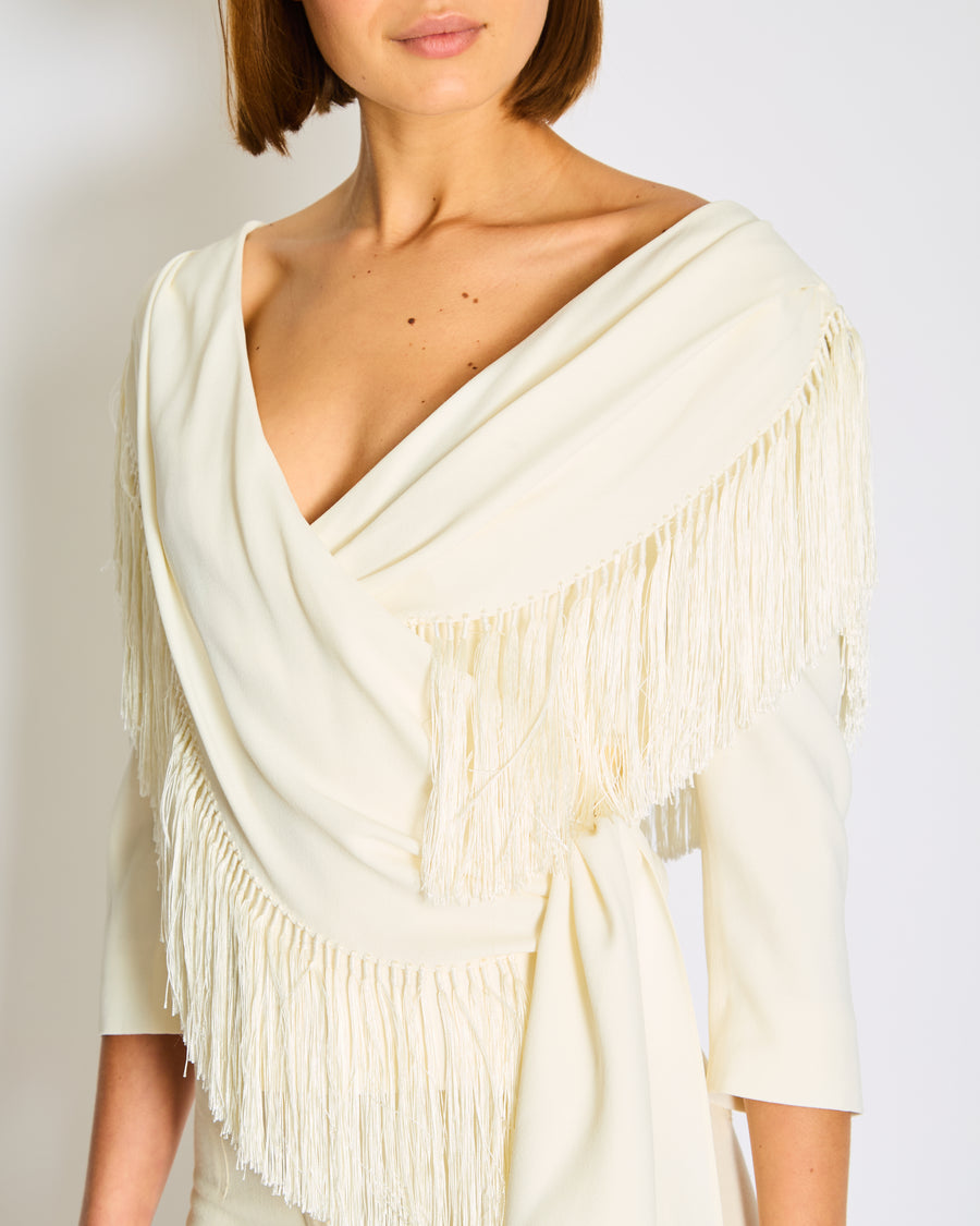 Christian Dior by John Galiano White Fringe Tassel V-Neck Top Size FR 36 (UK 8)