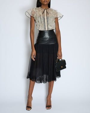 Givenchy Black Leather and Lace Midi Skirt with Floral Trim Size FR 36 (UK 8)