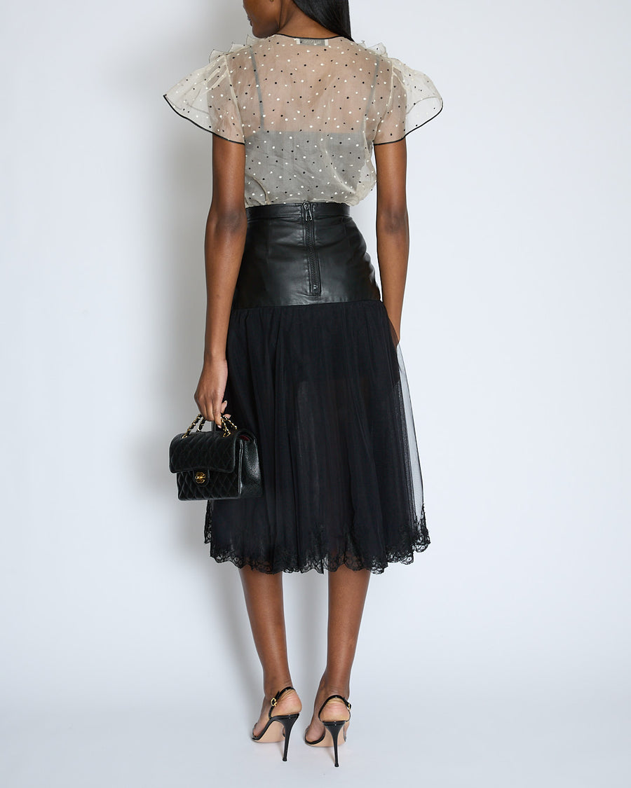 Givenchy Black Leather and Lace Midi Skirt with Floral Trim Size FR 36 (UK 8)