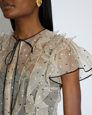 Valentino Beige Polka Dot Ruched Lace Short Sleeve Top Size IT 38 (UK 6)