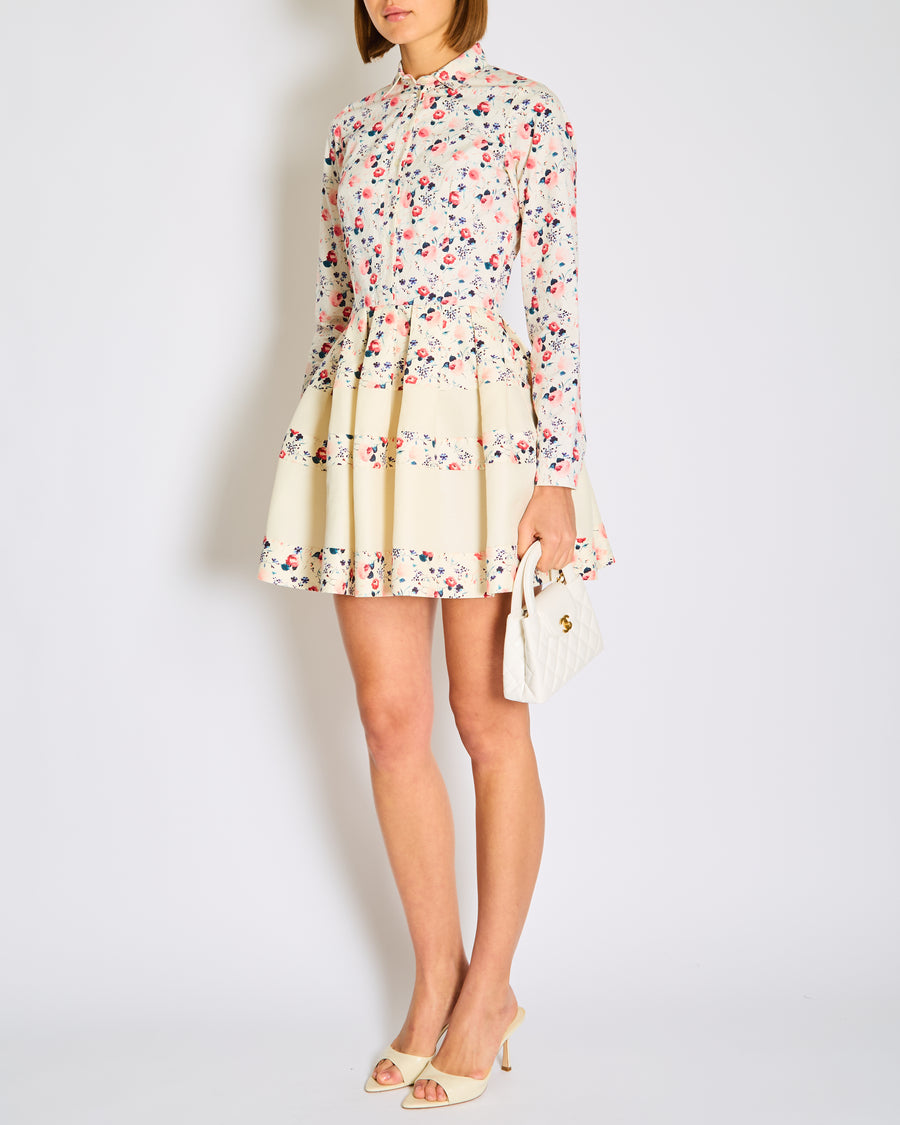 Christian Dior White Floral Long Sleeve Button Down Pleated Dress Size FR 36 (UK 8)