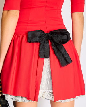 Alessandra Rich Red Long Sleeve Mini Dress with Lace and Bow Detail Size FR 38 (UK 10)
