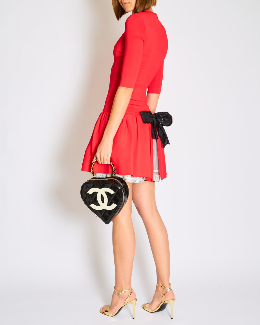Alessandra Rich Red Long Sleeve Mini Dress with Lace and Bow Detail Size FR 38 (UK 10)