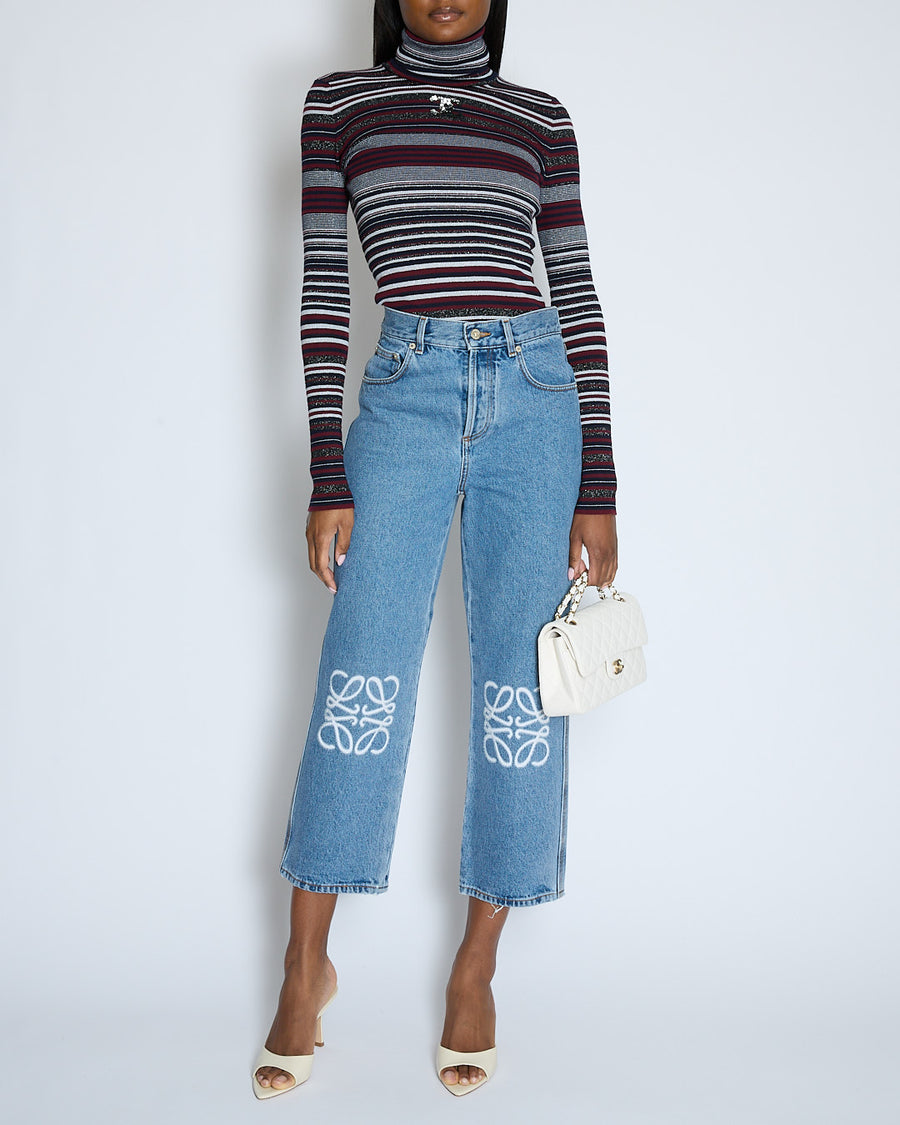 Chanel 23/B Burgundy Striped Knitted CC Long Sleeve High Neck Jumper Size FR 38 (UK 10)