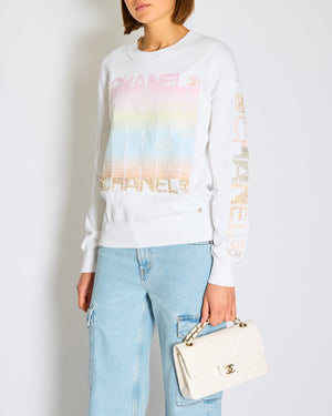 Chanel 24/S White, Pink Logo Palm Tree Jumper with Tweed Logo Detail Size FR 38 (UK 10)