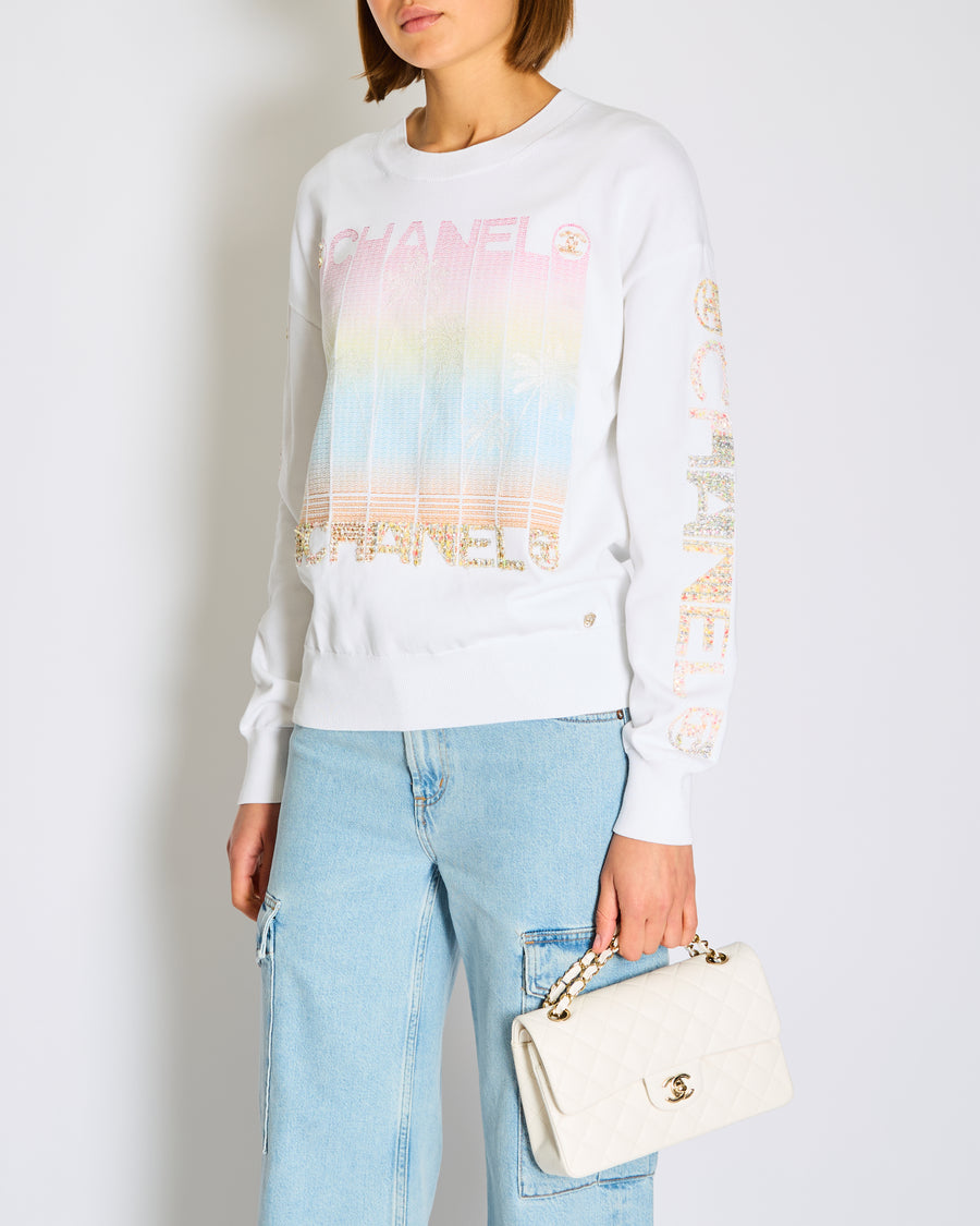 Chanel 24/S White, Pink Logo Palm Tree Jumper with Tweed Logo Detail Size FR 38 (UK 10)