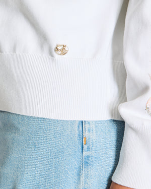 Chanel 24/S White, Pink Logo Palm Tree Jumper with Tweed Logo Detail Size FR 38 (UK 10)