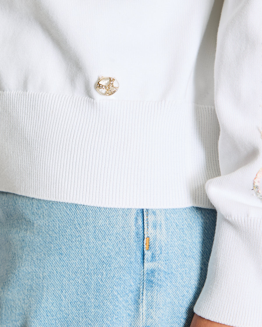 Chanel 24/S White, Pink Logo Palm Tree Jumper with Tweed Logo Detail Size FR 38 (UK 10)