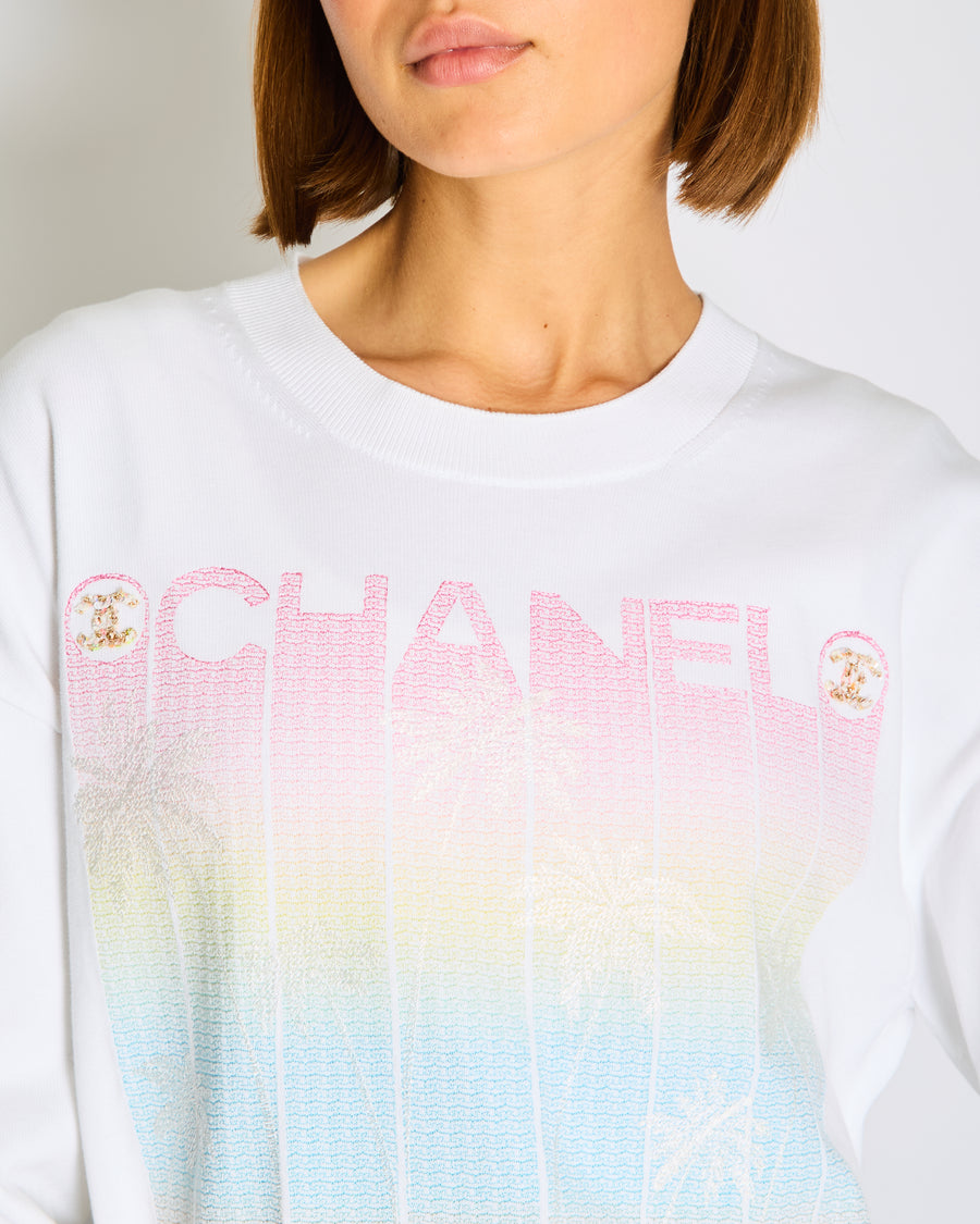Chanel 24/S White, Pink Logo Palm Tree Jumper with Tweed Logo Detail Size FR 38 (UK 10)