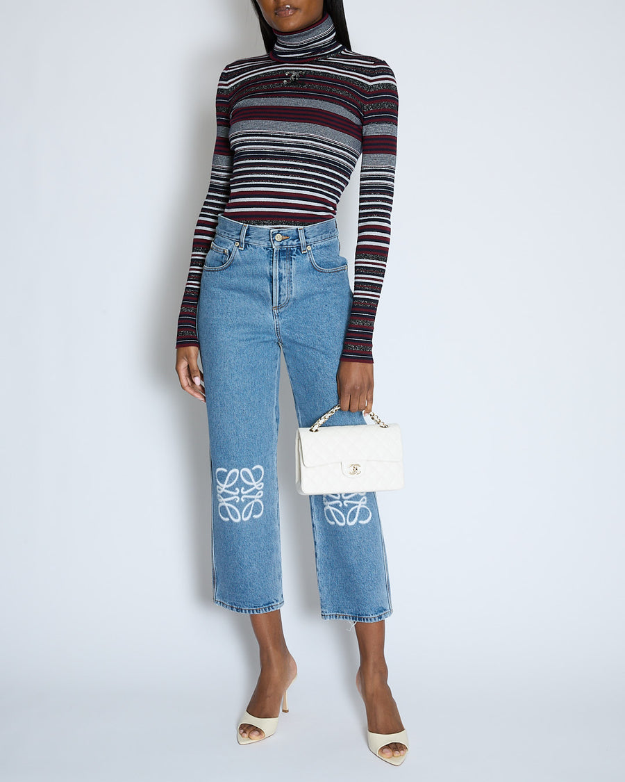 Chanel 23/B Burgundy Striped Knitted CC Long Sleeve High Neck Jumper Size FR 38 (UK 10)