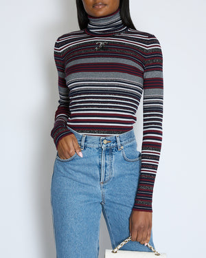 Chanel 23/B Burgundy Striped Knitted CC Long Sleeve High Neck Jumper Size FR 38 (UK 10)