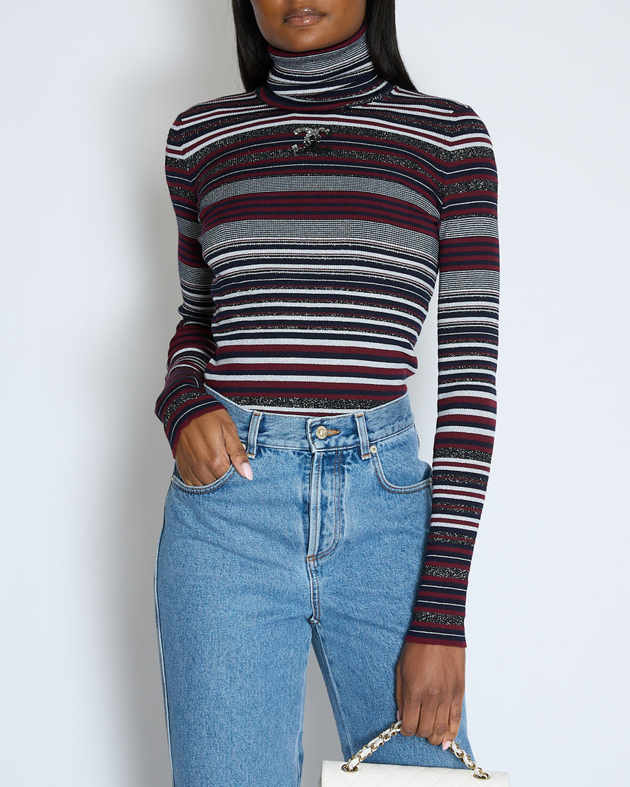 Chanel 23/B Burgundy Striped Knitted CC Long Sleeve High Neck Jumper Size FR 38 (UK 10)