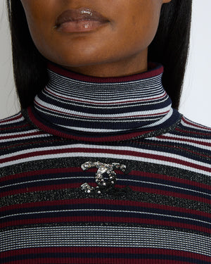 Chanel 23/B Burgundy Striped Knitted CC Long Sleeve High Neck Jumper Size FR 38 (UK 10)
