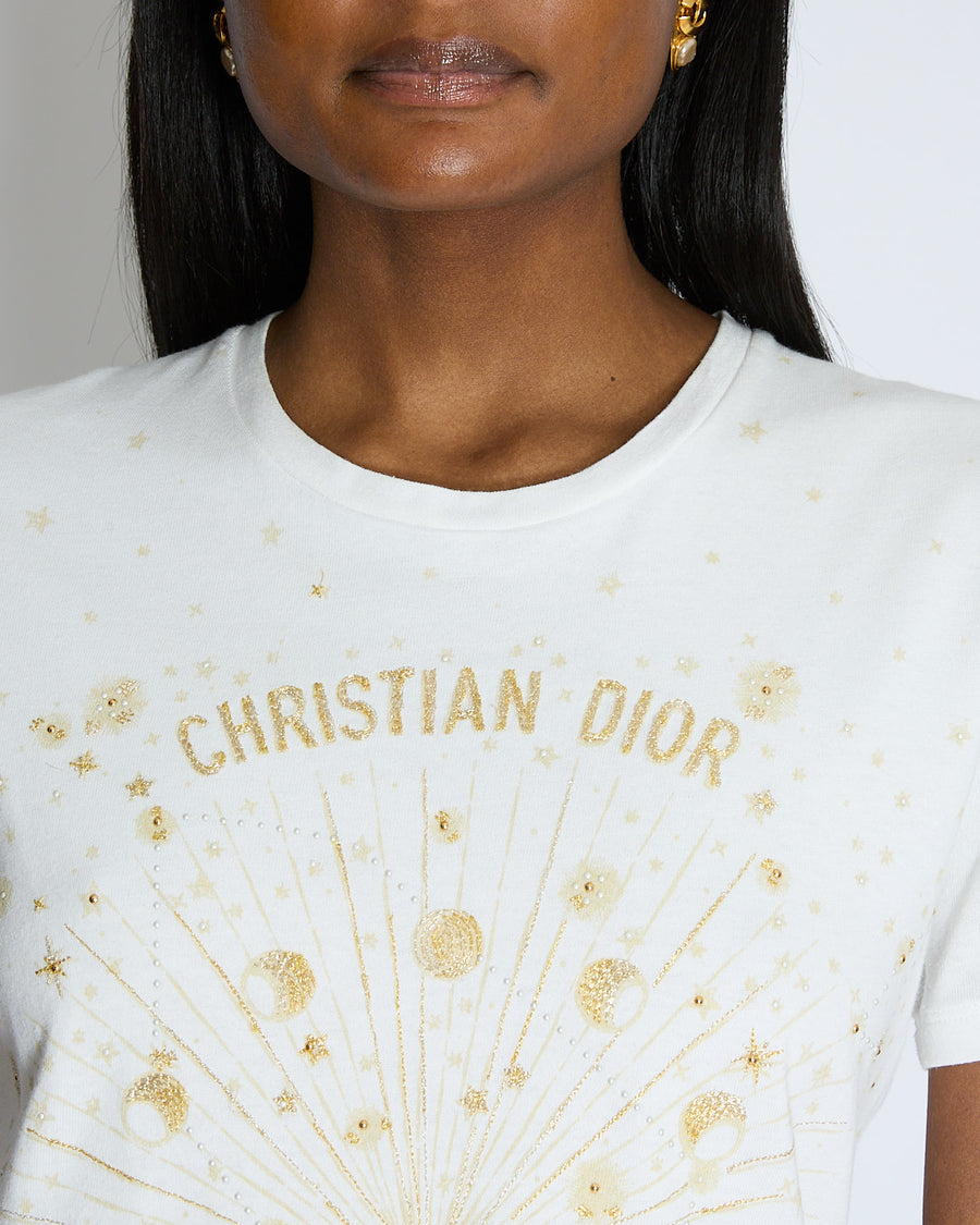Christian Dior White Astrology Embroidered Logo T-Shirt Size M (UK 10)