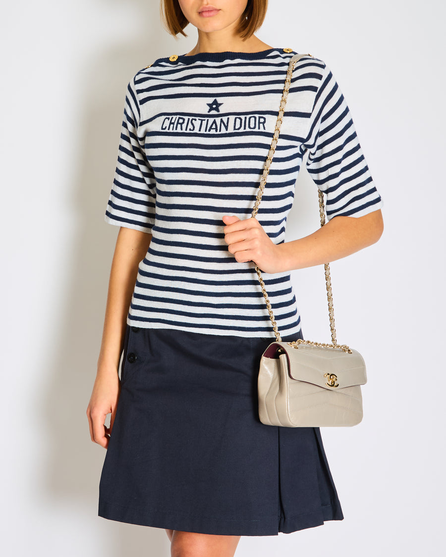 Christian Dior Navy Striped Logo Short Sleeve T-Shirt with Logo Button Detail Size FR 36 (UK 8)
