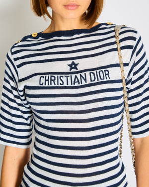 Christian Dior Navy Striped Logo Short Sleeve T-Shirt with Logo Button Detail Size FR 36 (UK 8)